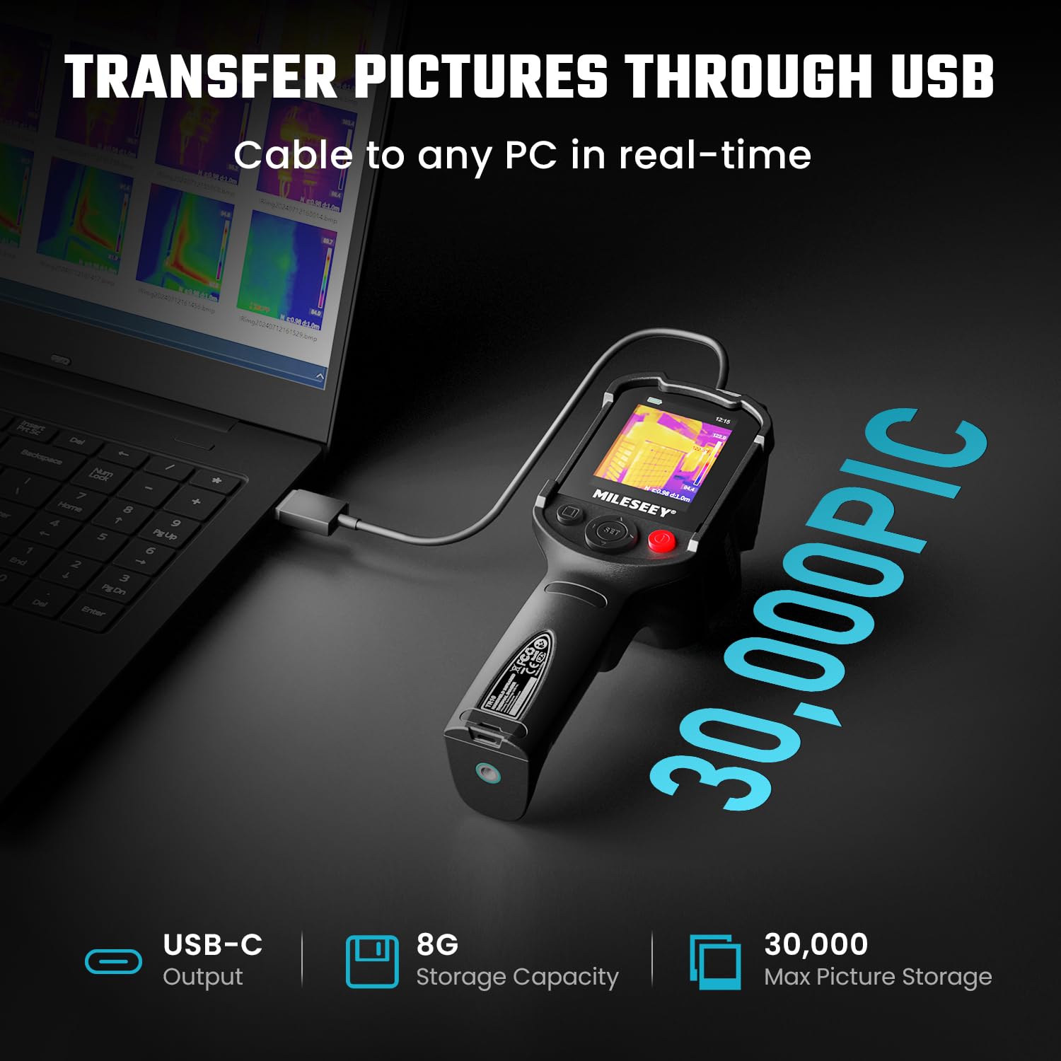 Thermographic camera with USB cable connected to a laptop, displaying thermal imaging on screen.