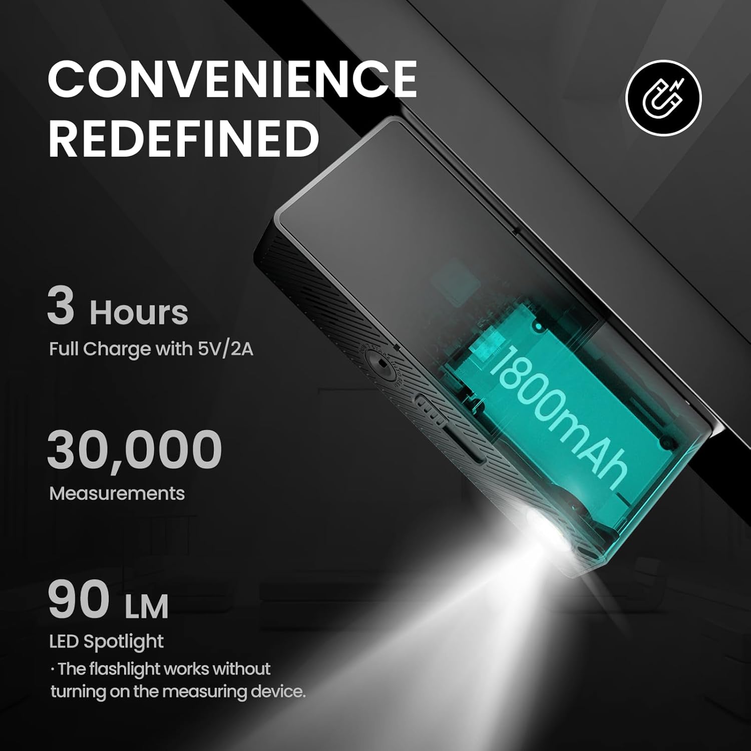 Measuring device with flashlight功能, highlighting battery capacity and charging time.
