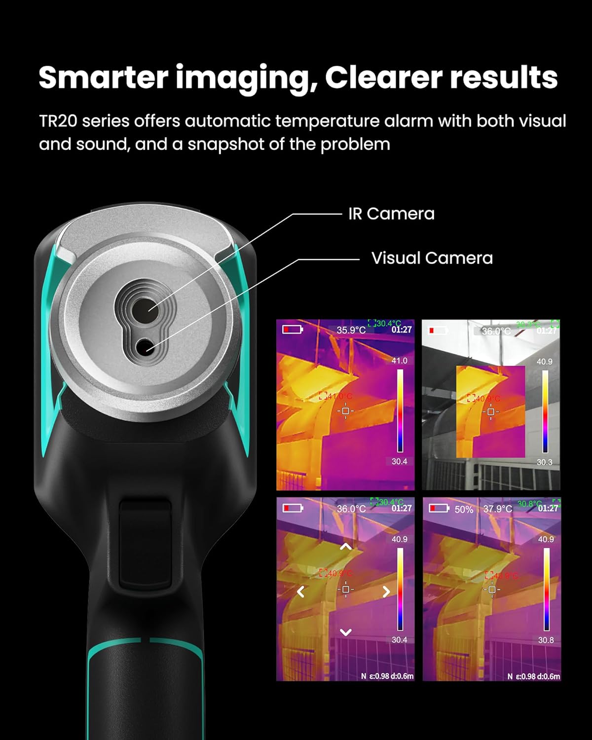 Infrared camera with visual and thermal imaging capabilities on a black background
