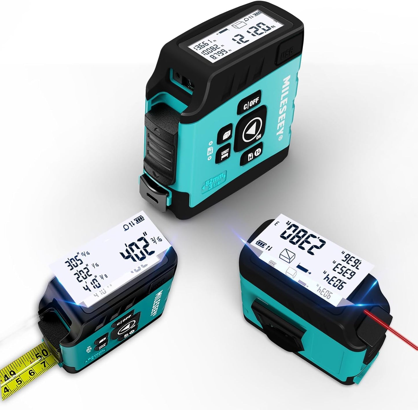 Three turquoise and black laser measuring devices on a white background
