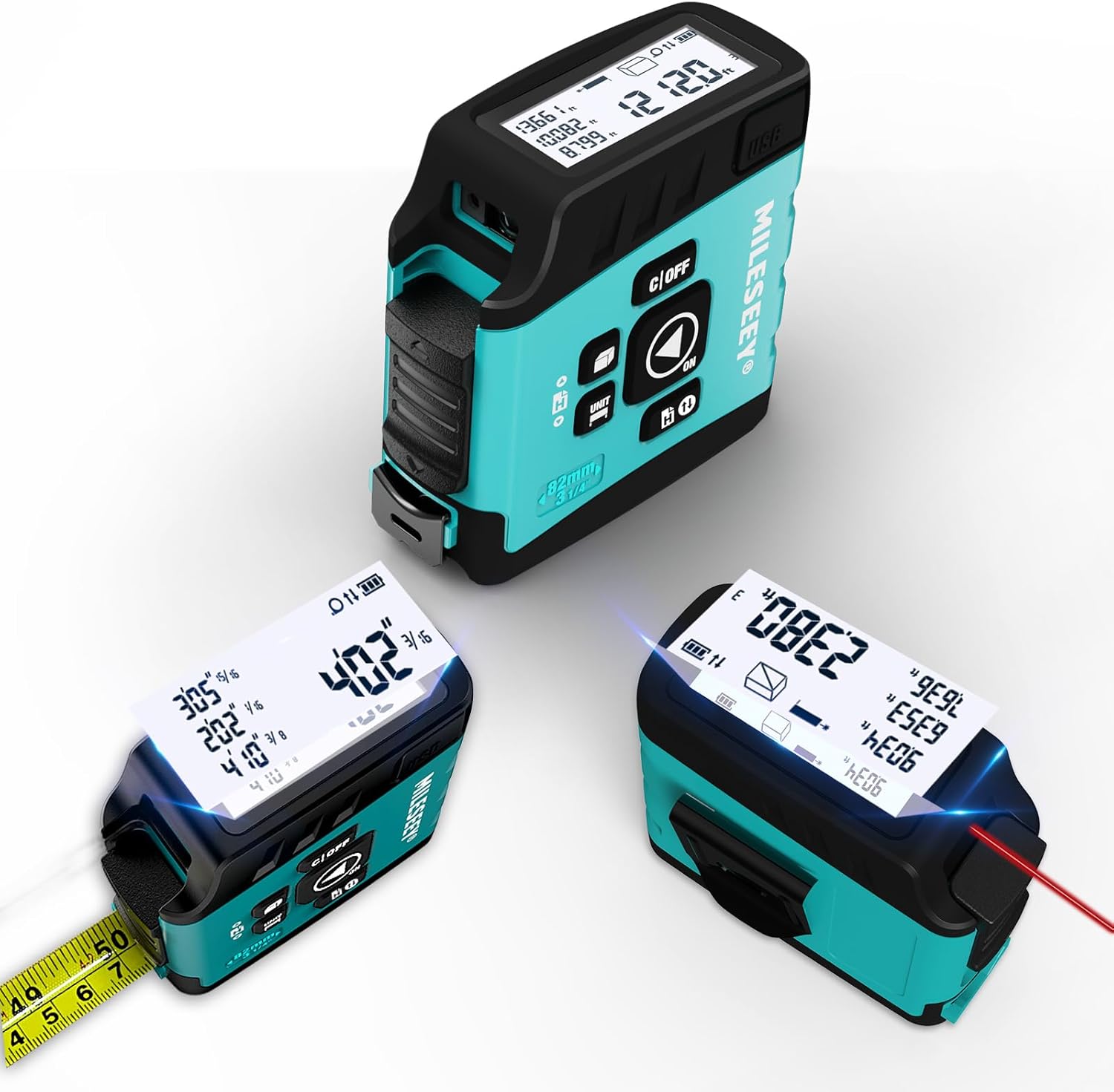 Three turquoise and black laser measuring devices on a white background