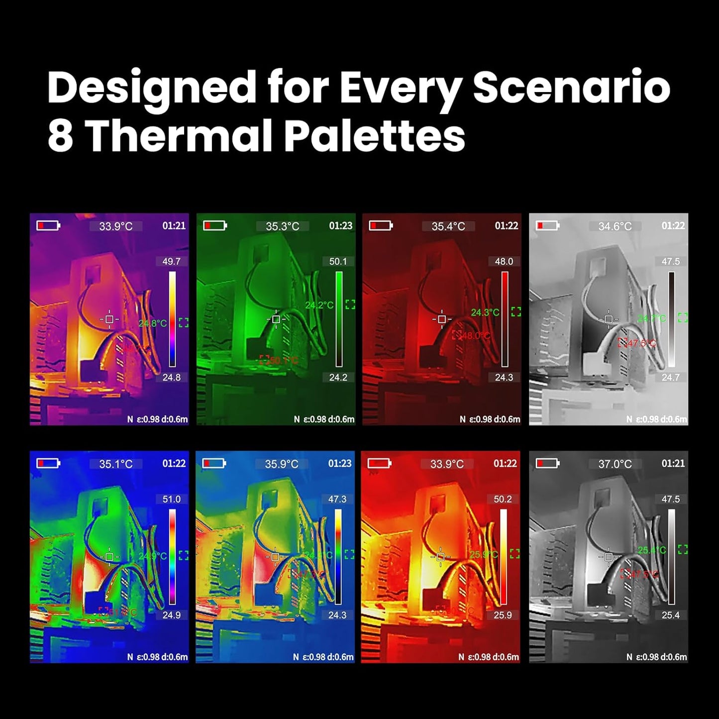 Thermal imaging scenes with temperature readings on a black background, featuring text 'Designed for Every Scenario 8 Thermal Palettes'.