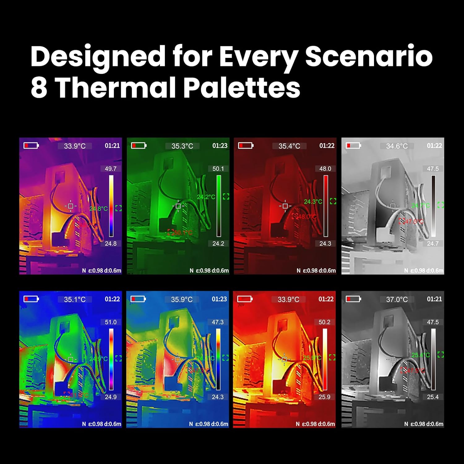 Thermal imaging scenes with temperature readings on a black background, featuring text 'Designed for Every Scenario 8 Thermal Palettes'.