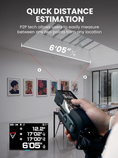 Hand holding a device for quick distance estimation in a room with artwork on the wall.