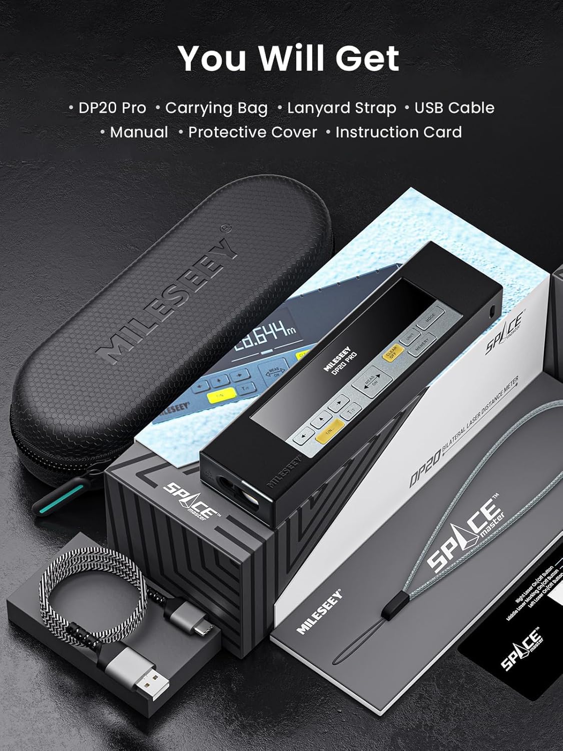 MILESEYE DP20 Pro with accessories on a dark background