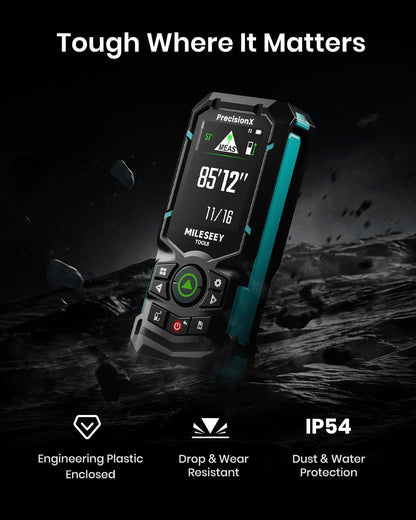 Rangefinder with digital display on a dark background, featuring text about its features.