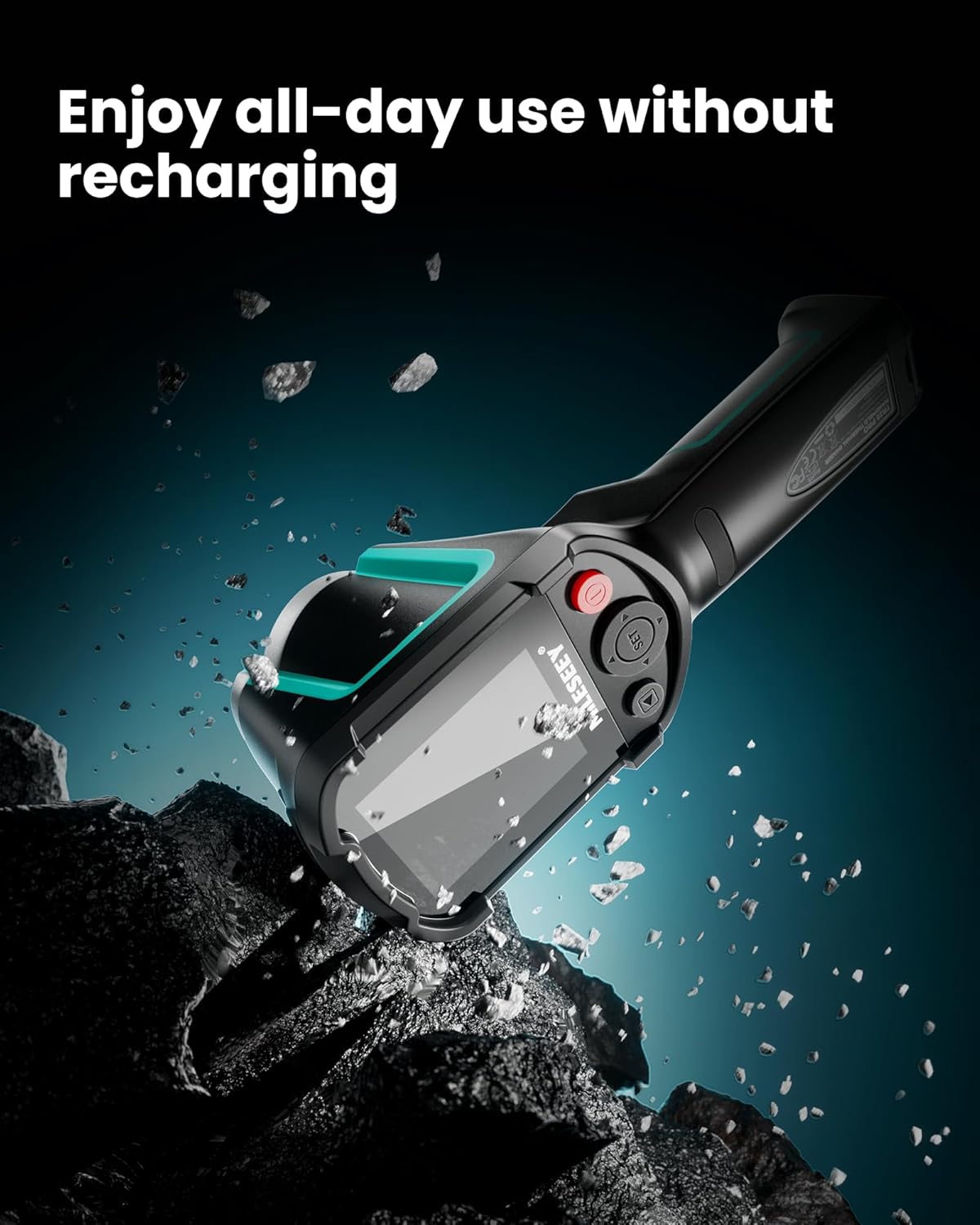 Handheld device with water and rock background, text 'Enjoy all-day use without recharging'.